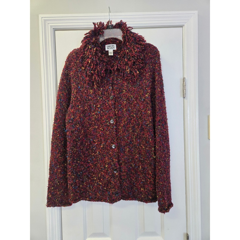 Chicos Design Red Multi Color Boucle Fringe Button Cardigan Sweater Wool Blend 3